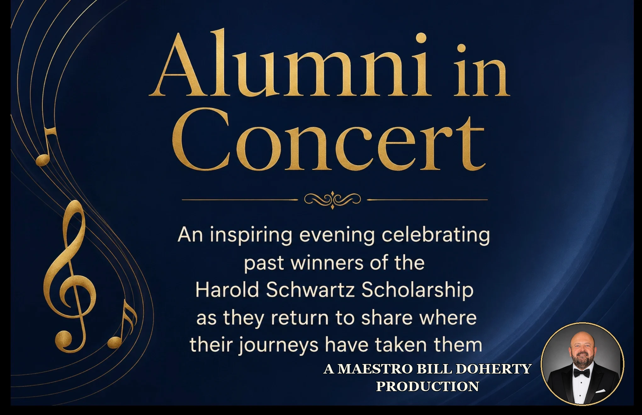 Alumni in Concert program artwork celebrating past winners of the Harold S. Schwartz Scholarship with Maestro Bill Doherty